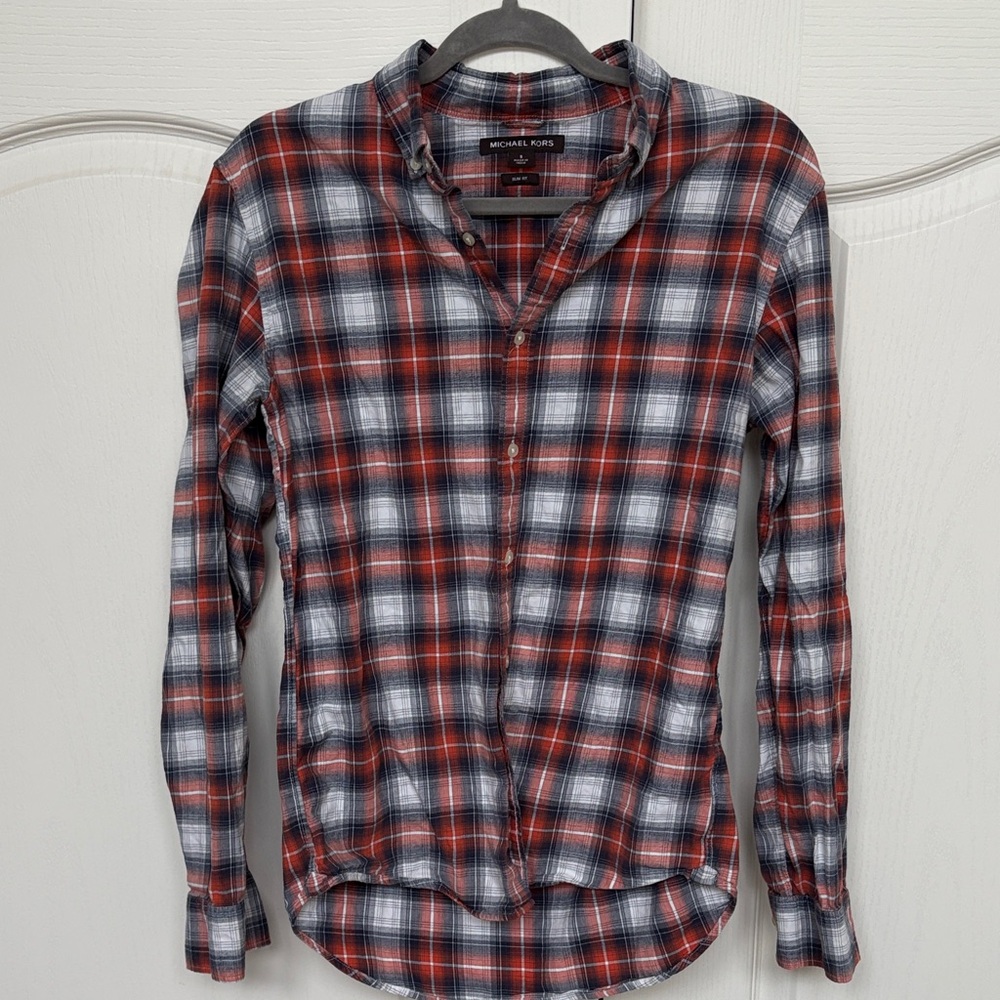 Michael Kors Red and Black Plaid Long-Sleeve Button-Down Shirt